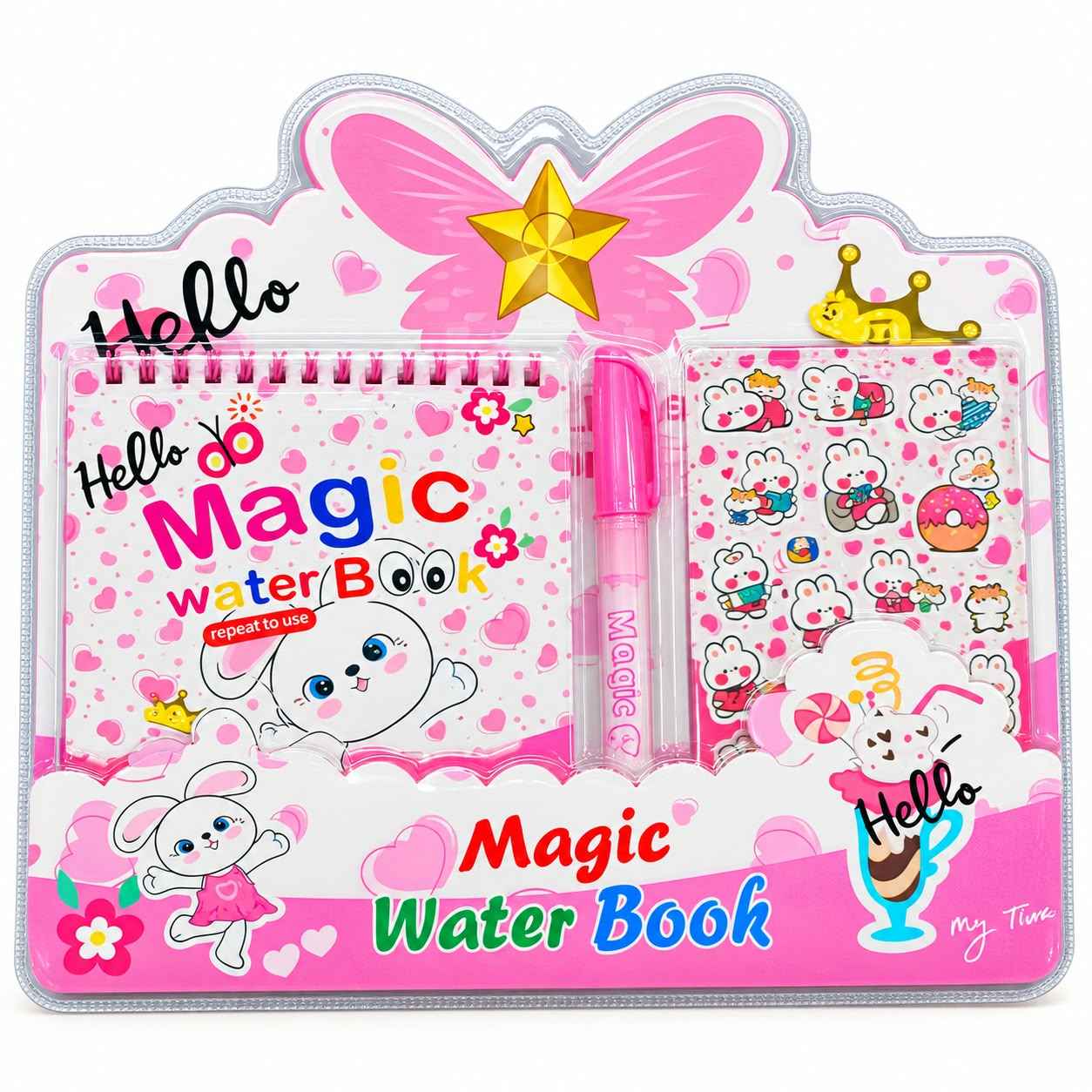 Magic Water Book Activity and Stationery Set – Reusable Water Colouring Book with Pen & Stickers in 4 Themes for Kids 3+